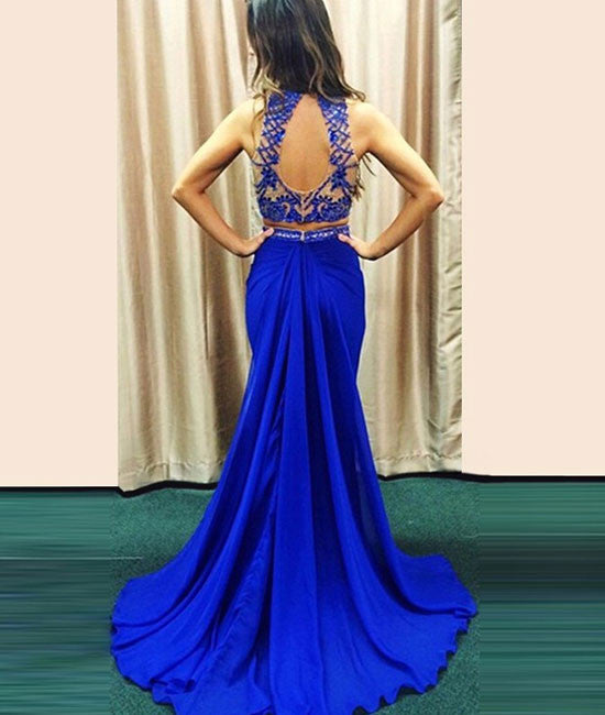 Blue 2 Pieces Chiffon Long Prom Dresses, Blue Formal Dress - shdress