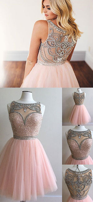 pink tulle short prom dress for teens, pink homecoming dress - shdress