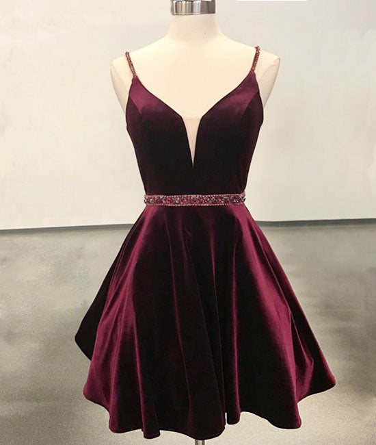 Simple v neck velvet short burgundy prom dress, burgundy homecoming dr shdress Simple v neck velvet short burgundy prom dress, burgundy homecoming dr shdress