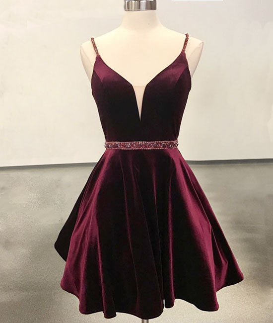 Simple v neck velvet short burgundy prom dress, burgundy homecoming dress - shdress