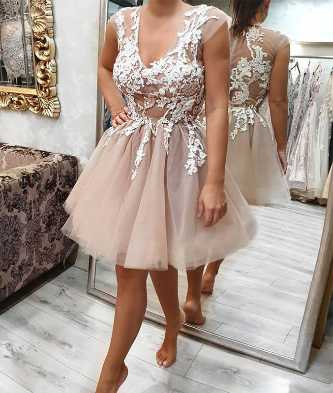 Cute  v neck tulle lace short prom dress, tulle homecoming dress - shdress