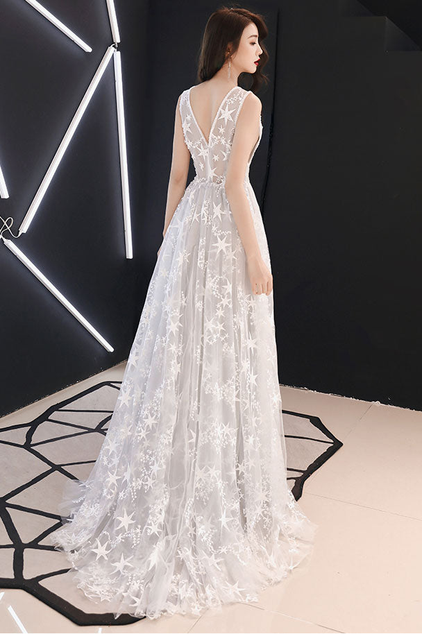 Gray white tulle lace long prom dress, gray tulle evening dress