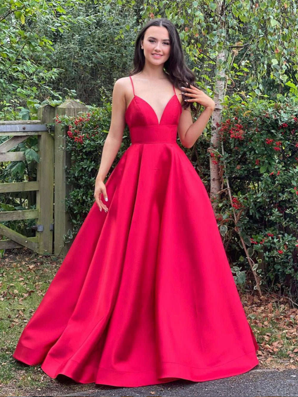 Simple A-line v neck satin long prom dress, red evening dress shdress Simple A-line v neck satin long prom dress, red evening dress shdress