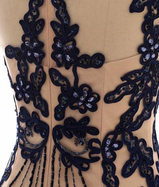 Champagne v neck lace applique mermaid long prom dress - shdress