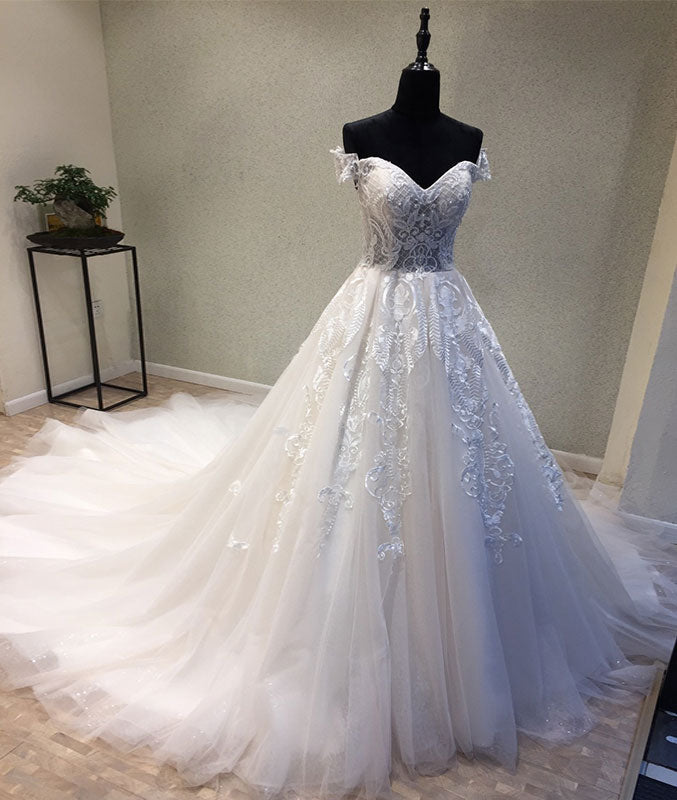 
                  
                    White sweetheart tulle lace applique long prom dress, wedding dress - shdress
                  
                