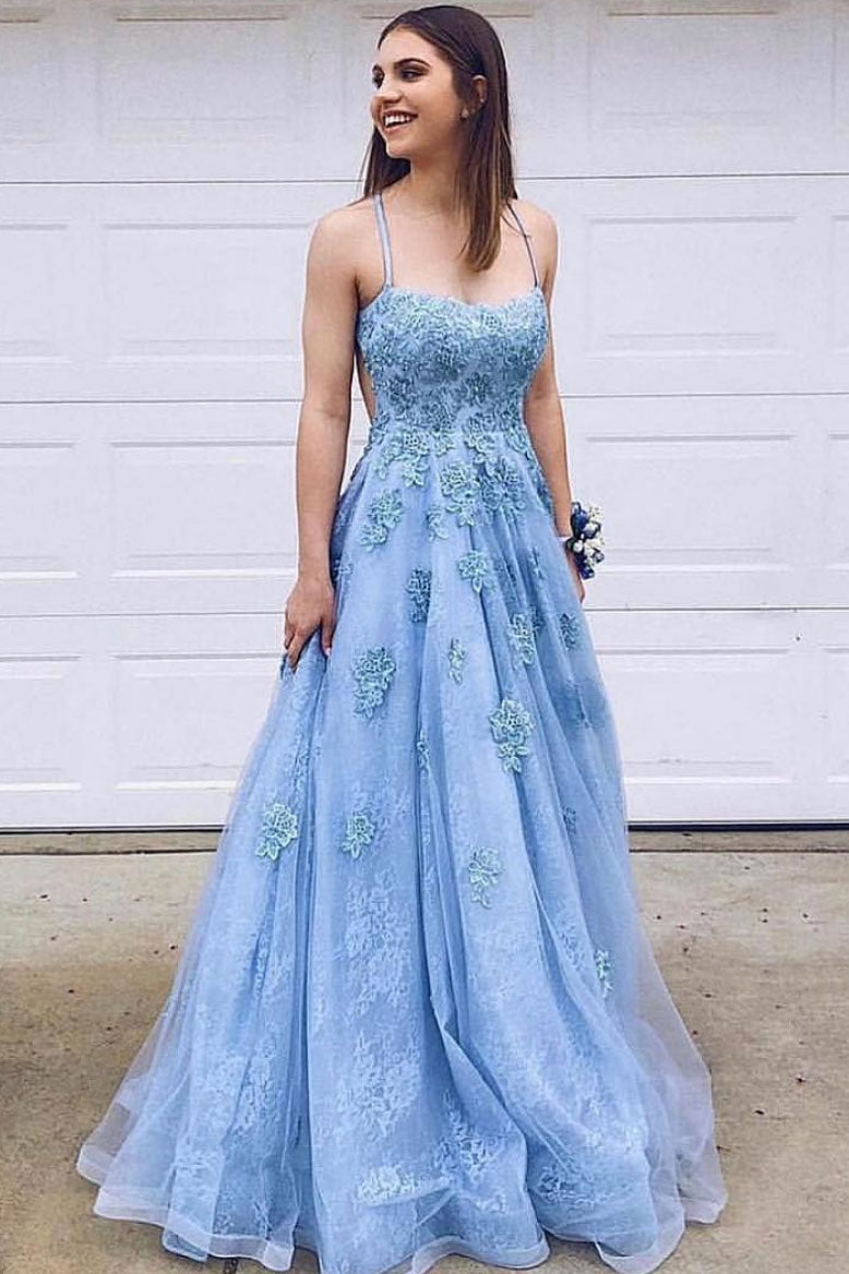 Blue sweetheart tulle lace long prom dress, blue long evening dress