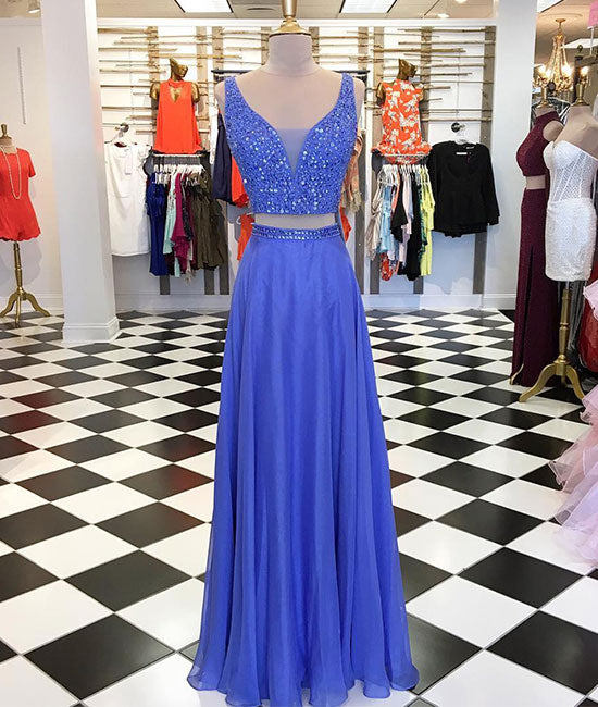 Blue two pieces beads long prom dress, blue evening dress - shdress