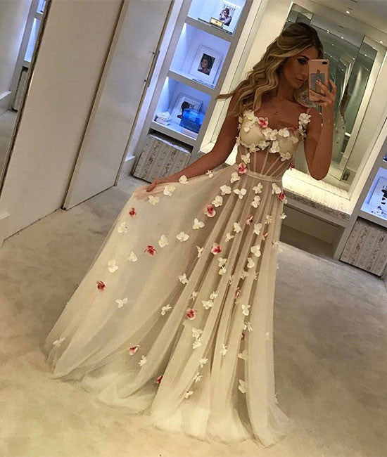 Unique tulle white long prom dress, white formal dress - shdress