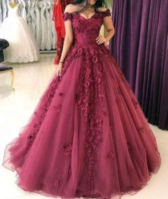 Burgundy off shoulder tulle lace applique long prom dresses - shdress