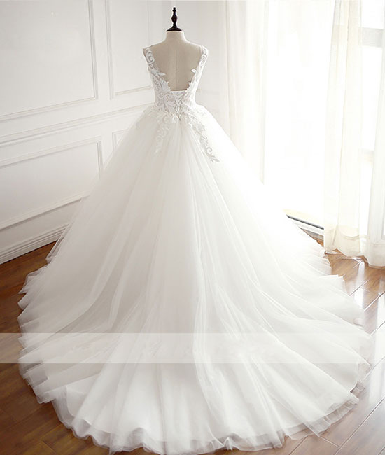 White round neck tulle lace applique long wedding dress, white evening dress - shdress