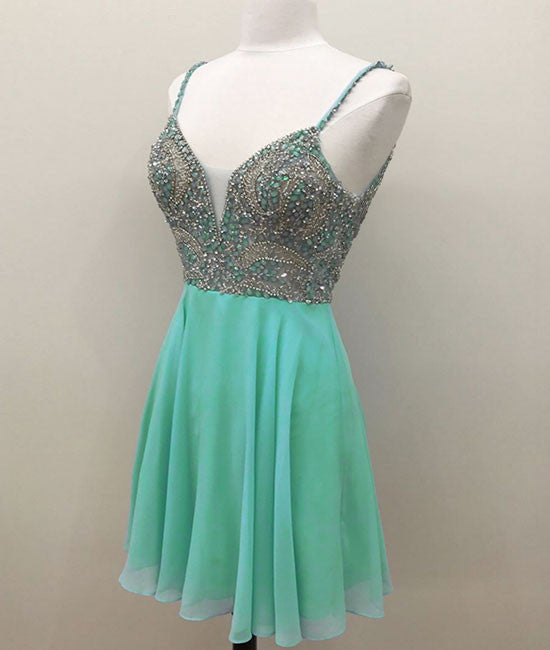 
                  
                    Green v neck sequin beads short prom dress, green homecoming dress - shdress
                  
                