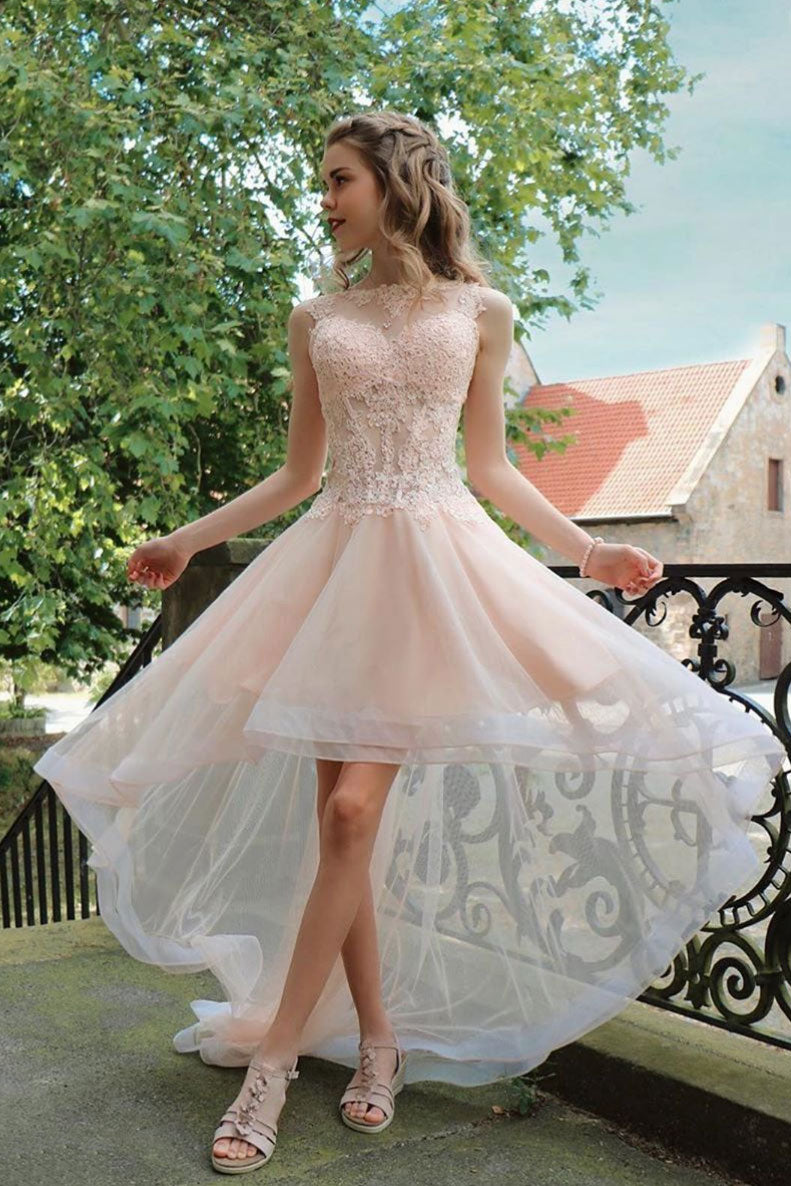 Light Pink tulle lace short prom dress, pink homecoming dress