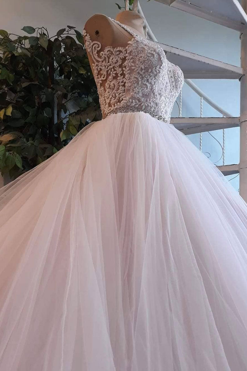 Light pink tulle lace long prom dress, wedding dress