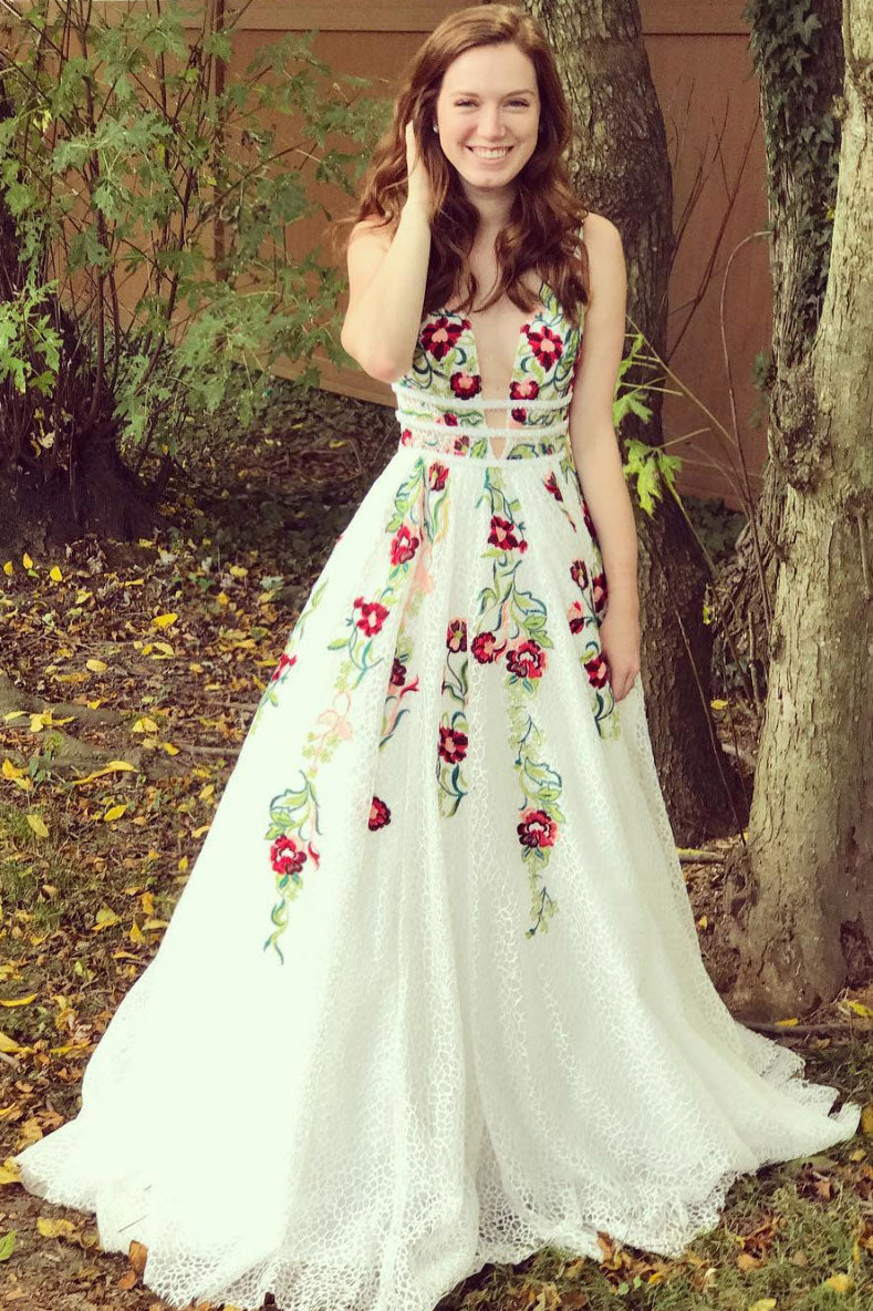 White v neck lace applique long prom dress white lace evening dress shdress White v neck lace applique long prom dress white lace evening dress shdress