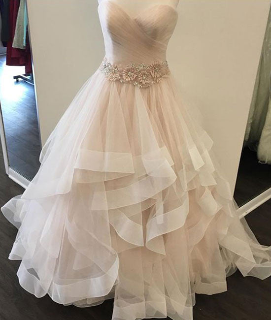 Champagne sweetheart tulle long prom dress, evening dress - shdress