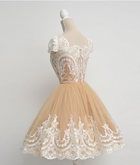 Champagne Tulle Lace Short Prom Gown, Homecoming Dress, Bridesmaid Dre shdress Champagne Tulle Lace Short Prom Gown, Homecoming Dress, Bridesmaid Dre shdress
