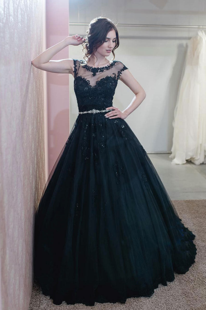 Unique round neck tulle lace long prom dress, tulle evening dress