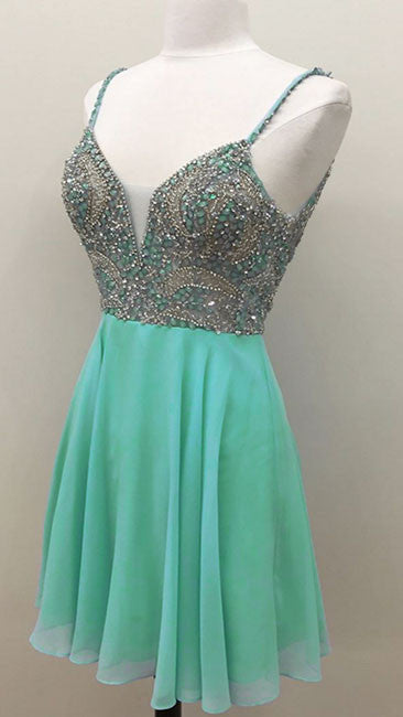 Green v neck sequin beads short prom dress, green homecoming dress - shdress