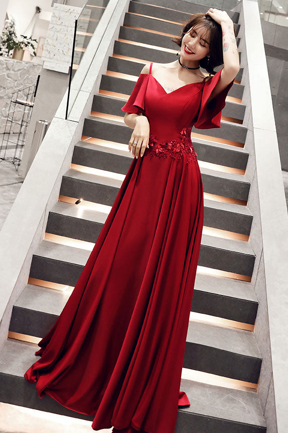 
                  
                    Simple burgundy v neck satin long prom dress, burgundy evening dress
                  
                