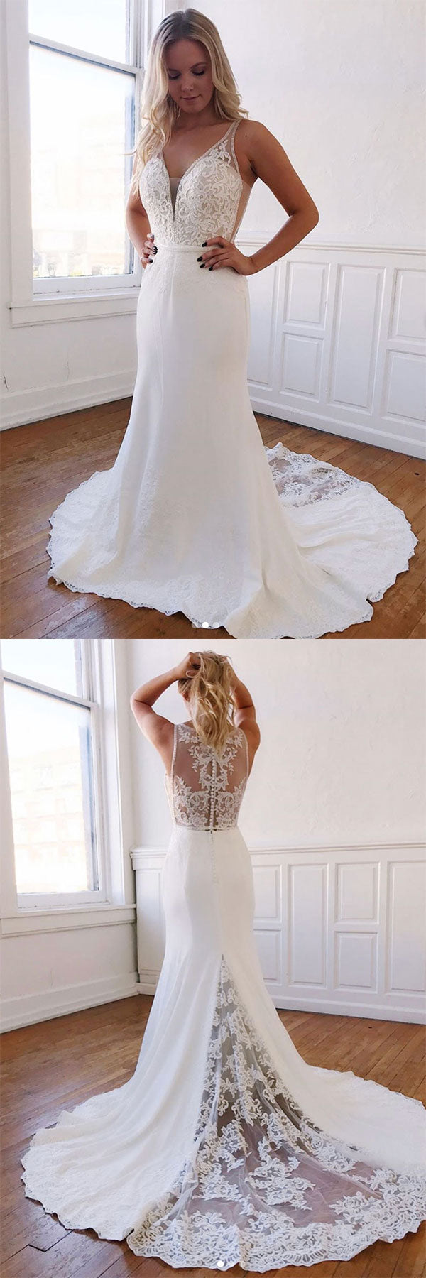 White v neck lace mermaid long prom dress white formal dress