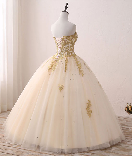 Champagne sweetheart neck tulle lace long prom gown, sweet 16 dress - shdress