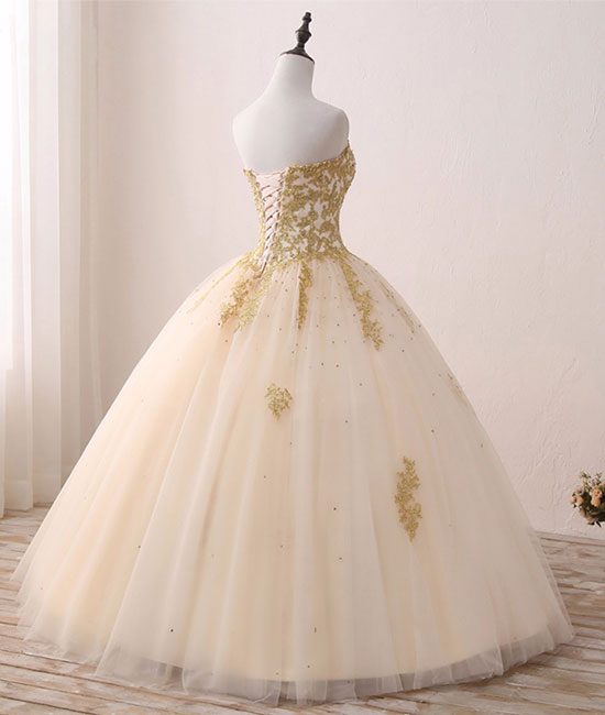 
                  
                    Champagne sweetheart neck tulle lace long prom gown, sweet 16 dress - shdress
                  
                