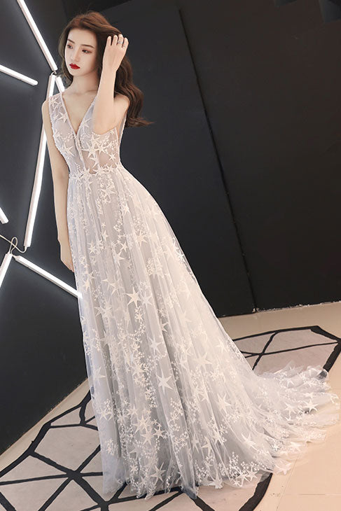 Gray white tulle lace long prom dress, gray tulle evening dress