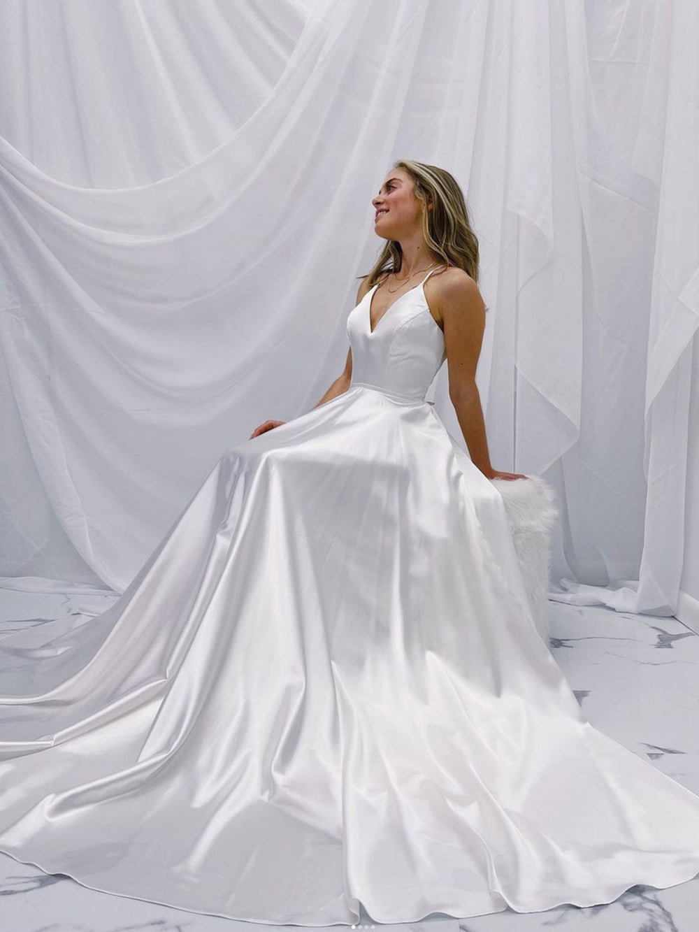 White v neck satin long prom dress, white A line evening dress shdress White v neck satin long prom dress, white A line evening dress shdress