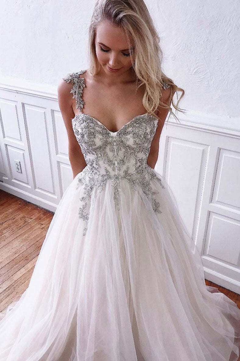 Unique white tulle sweetheart long prom dress, white evening dress