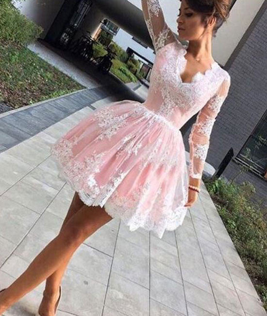 cute pink lace short prom dress, pink lace homecoming dress - shdress