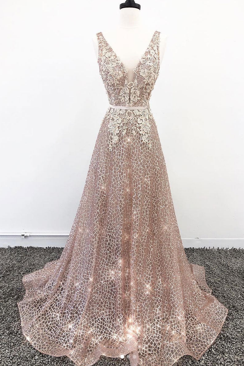 Unique v neck tulle lace long prom dress, champagne tulle evening dress