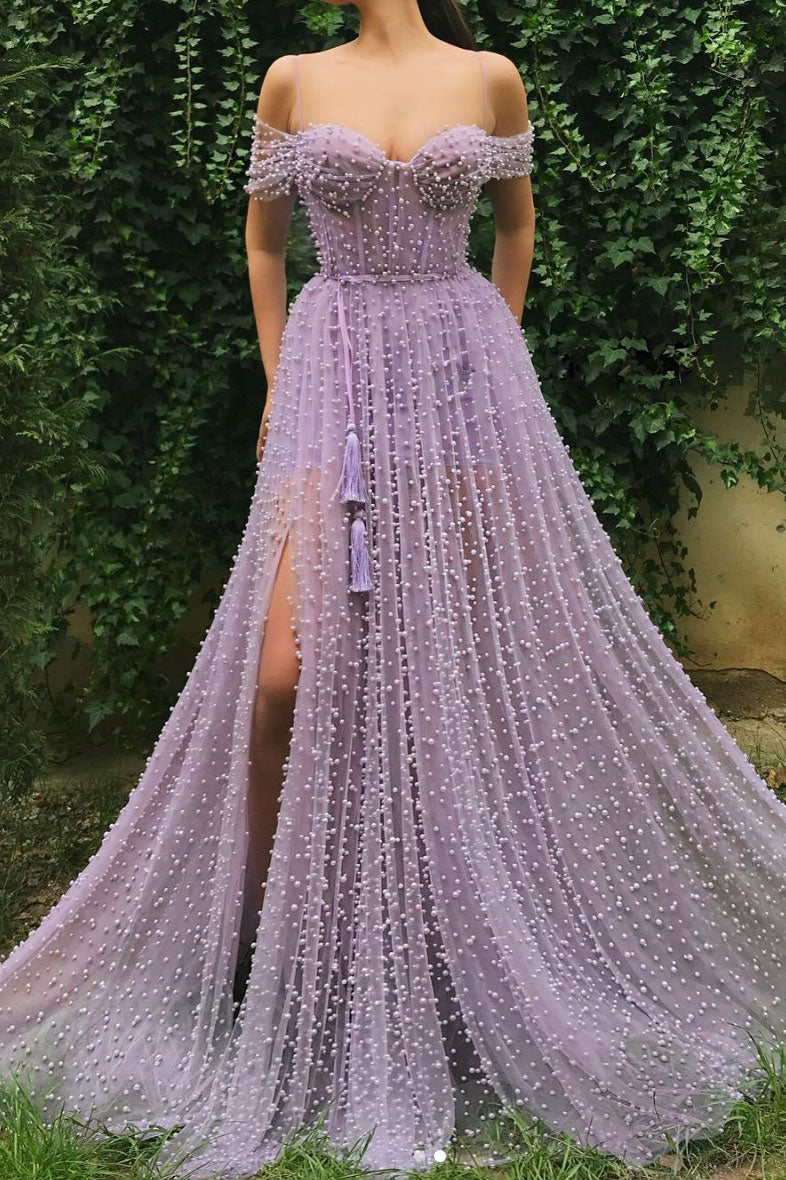 Purple sweetheart off shoulder tulle beads long prom dress