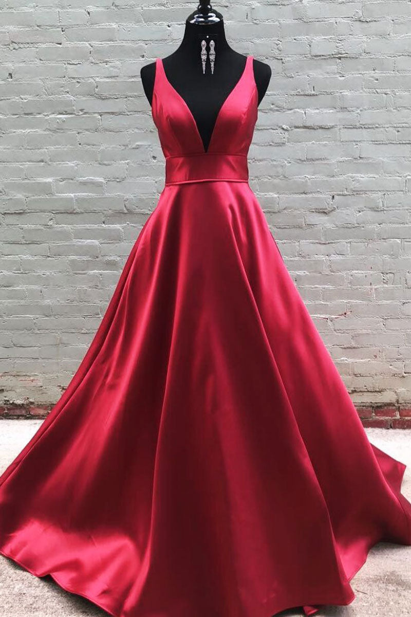 Simple v neck burgundy satin long prom dress burgundy formal dress shdress Simple v neck burgundy satin long prom dress burgundy formal dress shdress