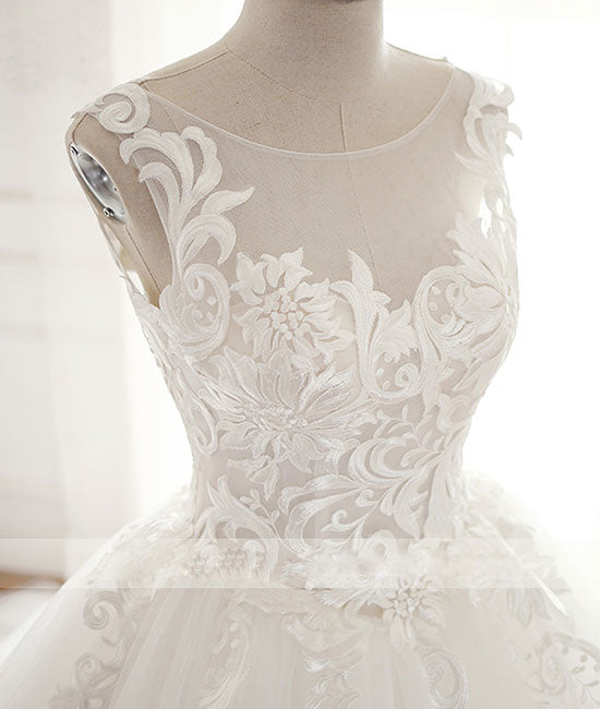 White round neck tulle lace applique long wedding dress, white evening dress - shdress