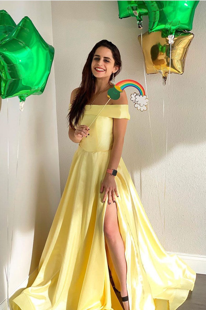 Yellow satin long prom dress, yellow evening dress