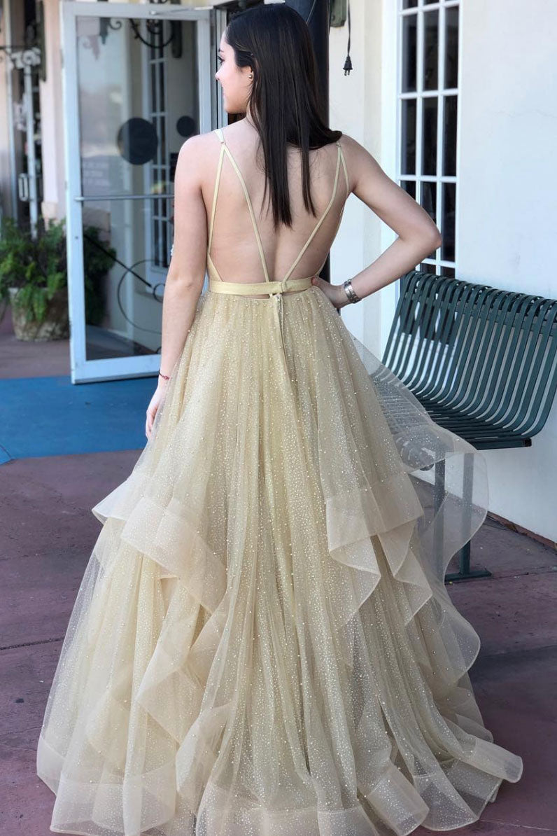 Champagne v neck tulle long prom dress, champagne tulle formal dress