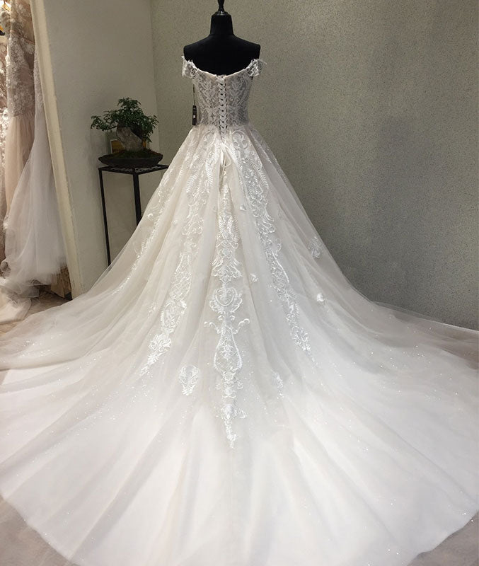 White sweetheart tulle lace applique long prom dress, wedding dress - shdress