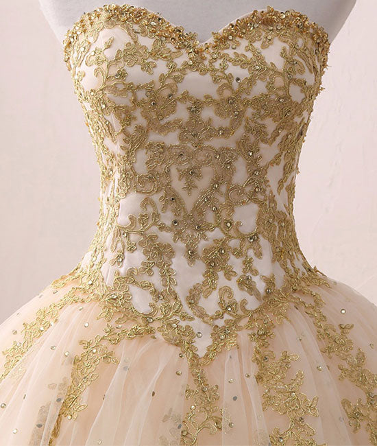 Champagne sweetheart neck tulle lace long prom gown, sweet 16 dress - shdress