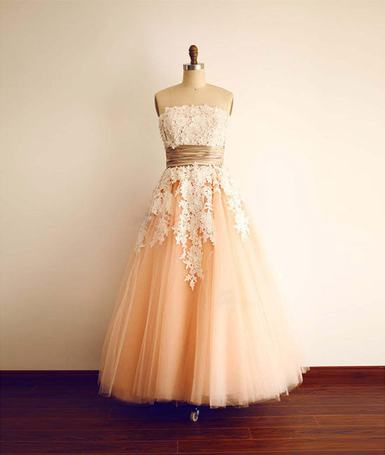 Champagne Tulle lace tea length Prom Dress, Bridesmaid Dress - shdress