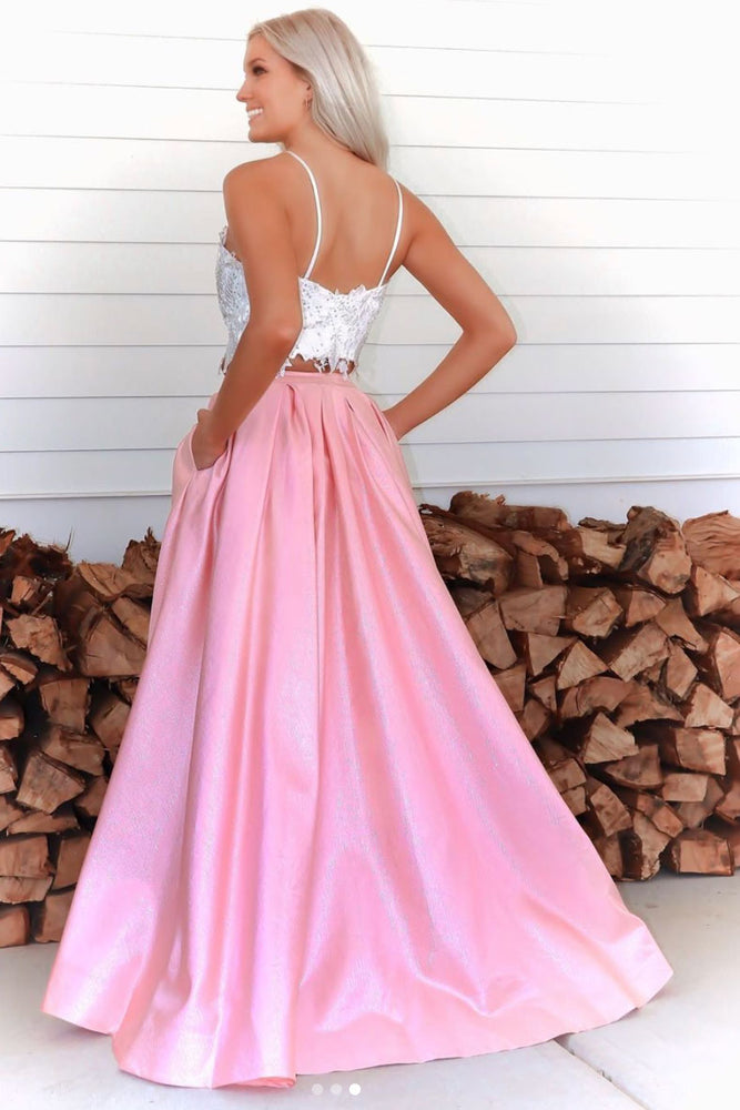 
                  
                    Pink two pieces lace long prom dress, pink lace formal dress
                  
                