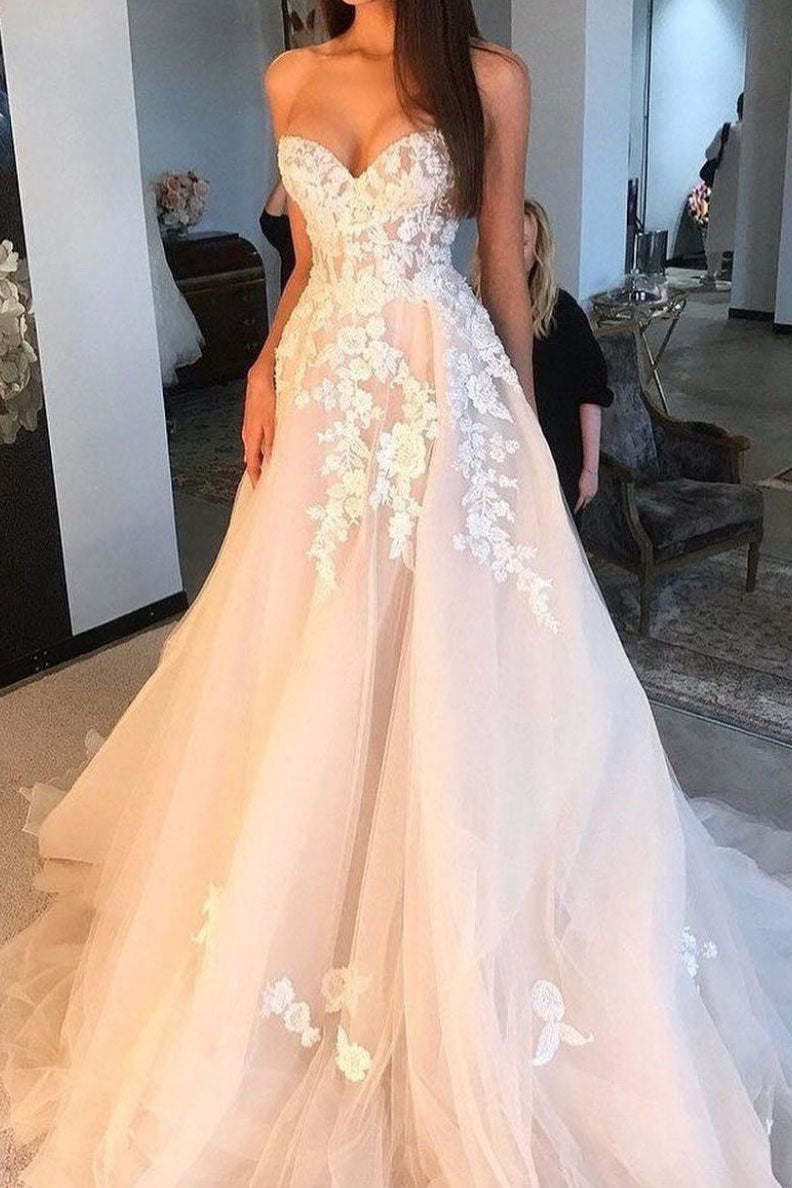 Elegant sweetheart tulle lace long prom dress, tulle evening dress
