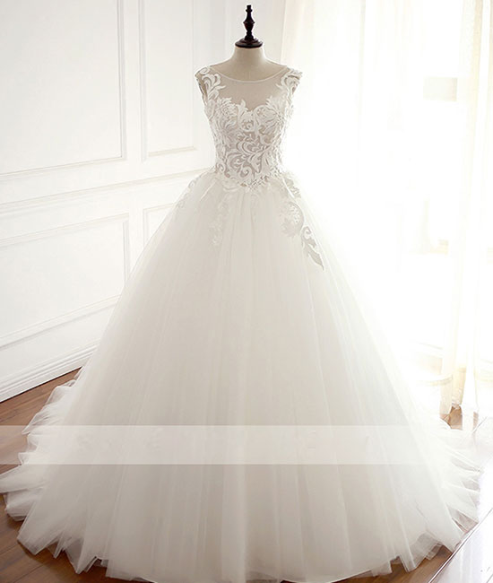 White round neck tulle lace applique long wedding dress, white evening dress - shdress