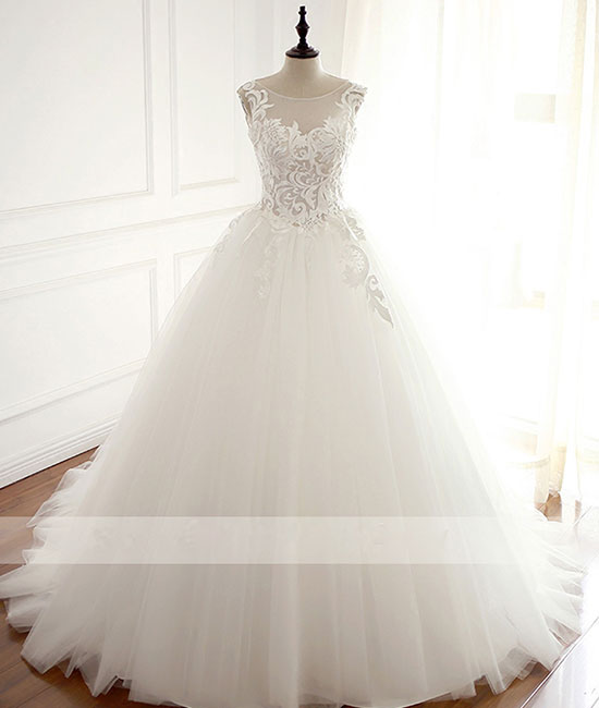 
                  
                    White round neck tulle lace applique long wedding dress, white evening dress - shdress
                  
                