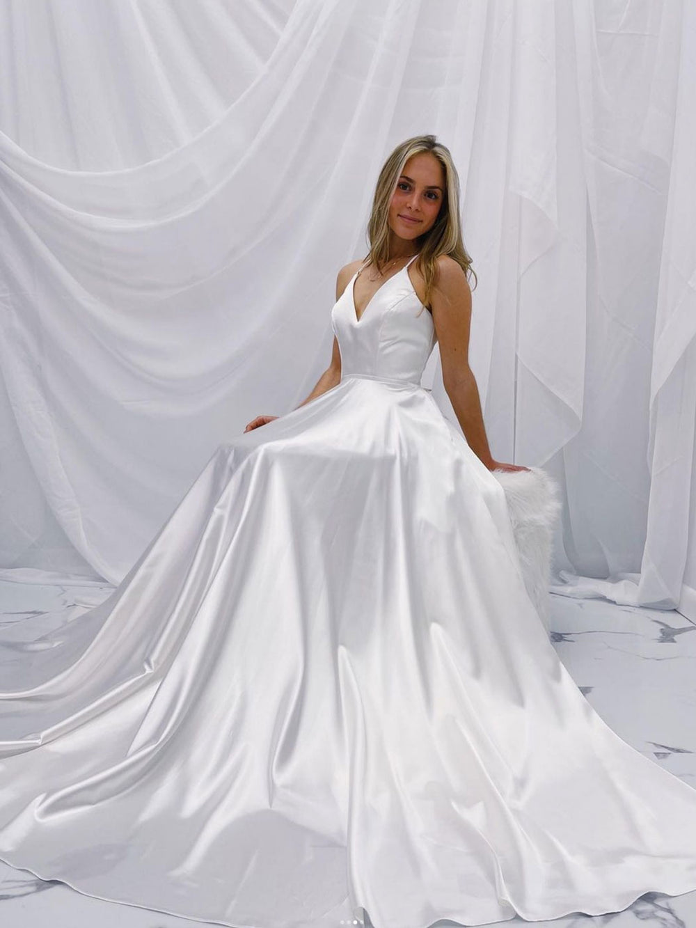 White v neck satin long prom dress, white A line evening dress shdress White v neck satin long prom dress, white A line evening dress shdress