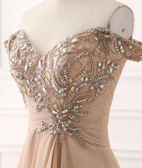 Champagne sweetheart chiffon beads long prom dress - shdress