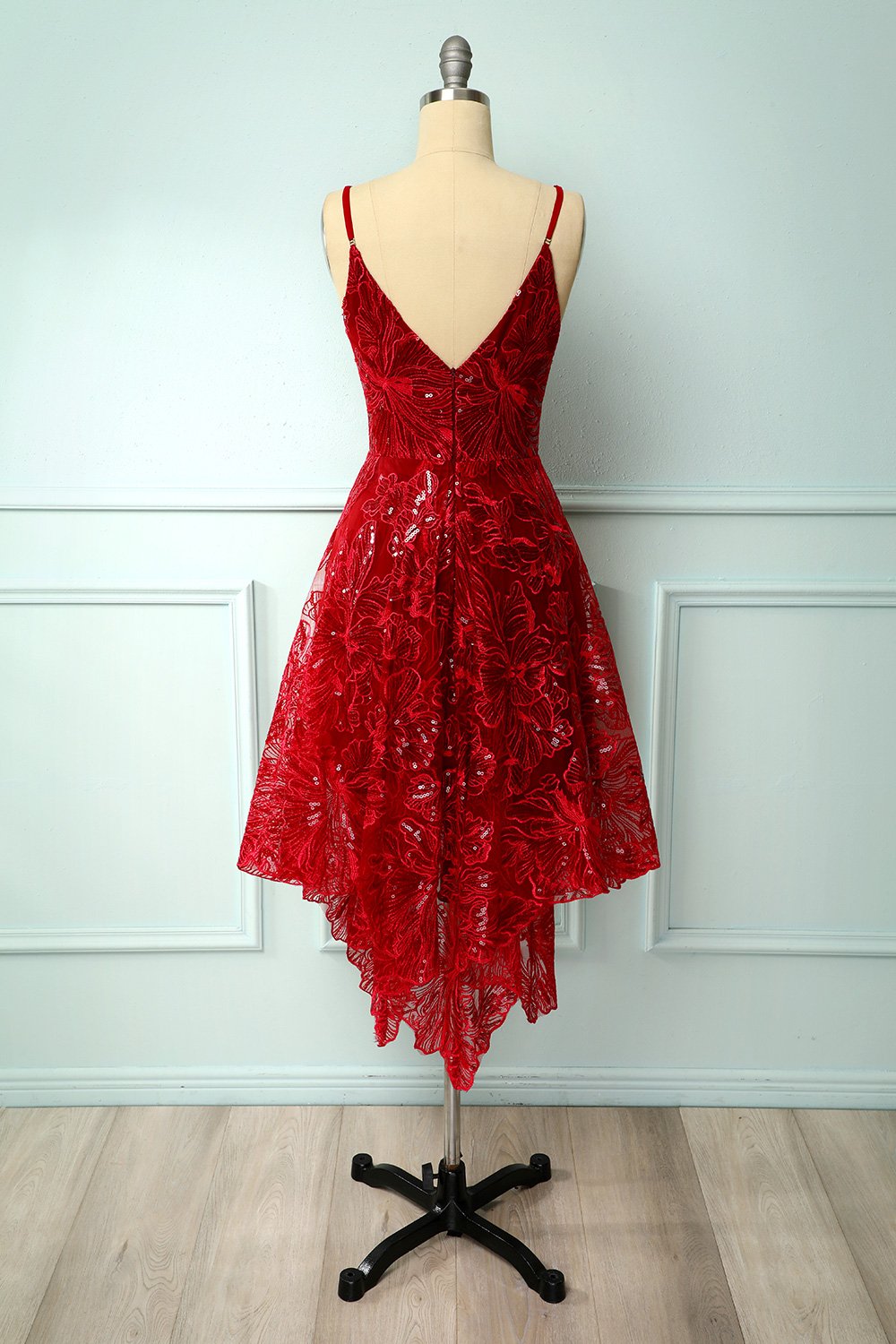 Burgundy v neck lace high low prom dress lace formal dress shdress Burgundy v neck lace high low prom dress lace formal dress shdress