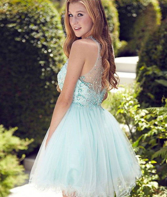 Cute round neck tulle beads sequin short prom dress, homecoming dress - shdress
