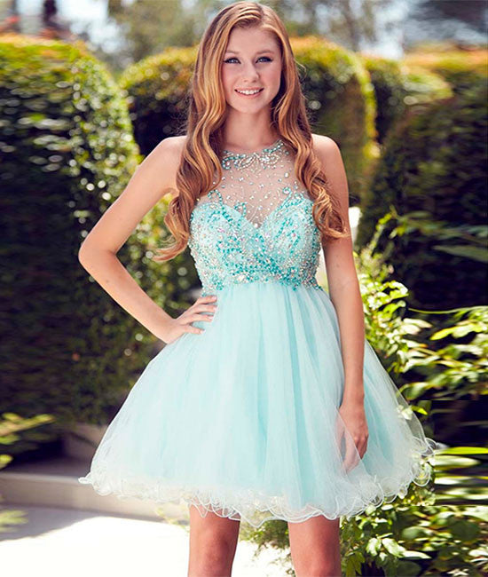 
                  
                    Cute round neck tulle beads sequin short prom dress, homecoming dress - shdress
                  
                