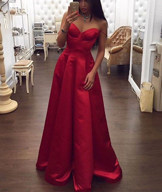 Simple Red Sweetheart neck satin long prom dress, red formal dresses - shdress