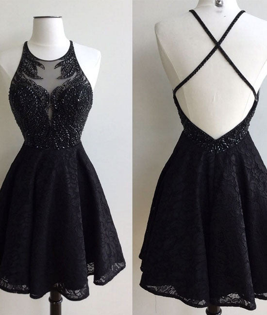 Black lace beaded short prom dress, cute black homecoming dress - shdress